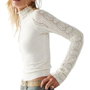 Free People Cream White knit and Lace Sleeve Top
